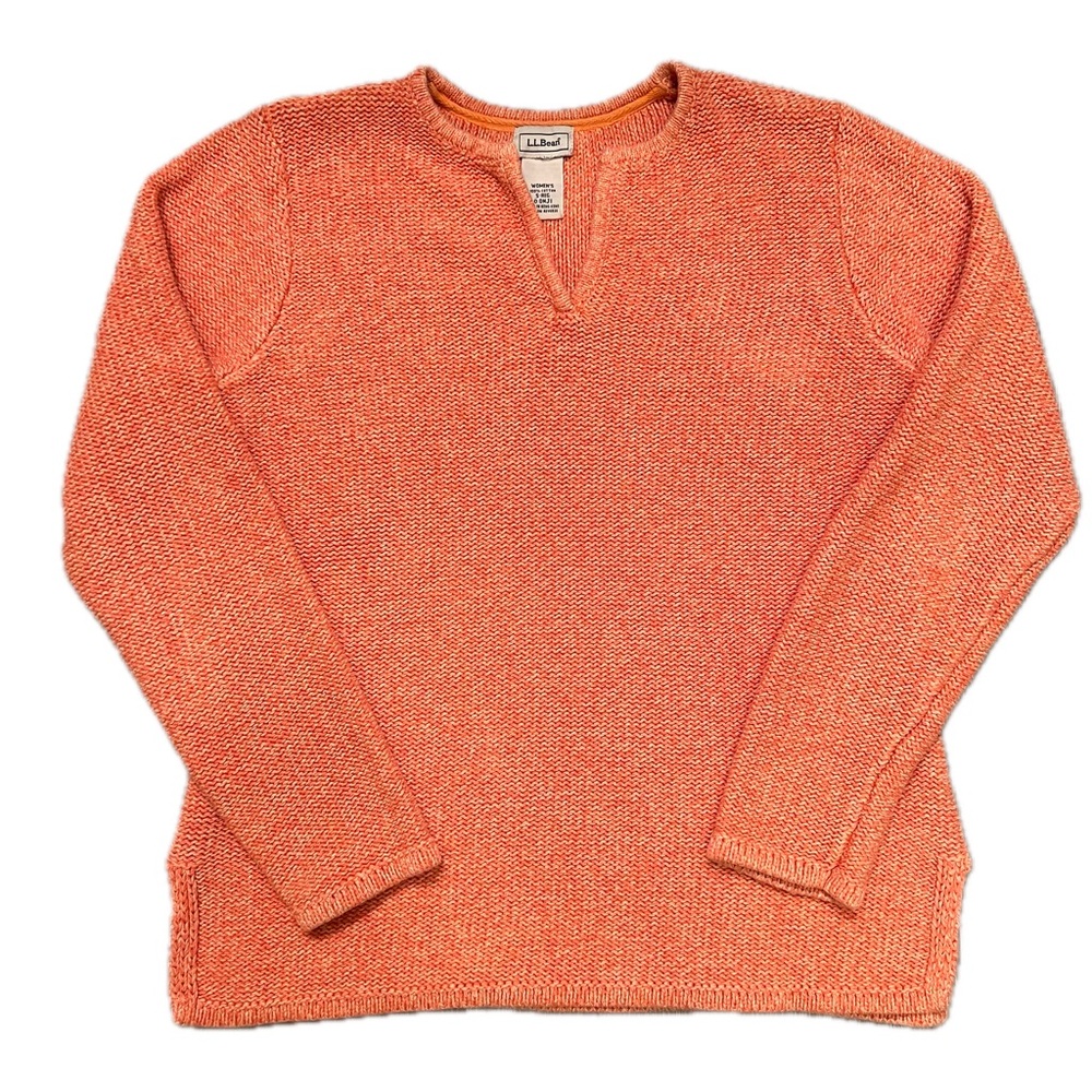 LL Bean knit cotton sweater salmon coral orange colored small fall winter